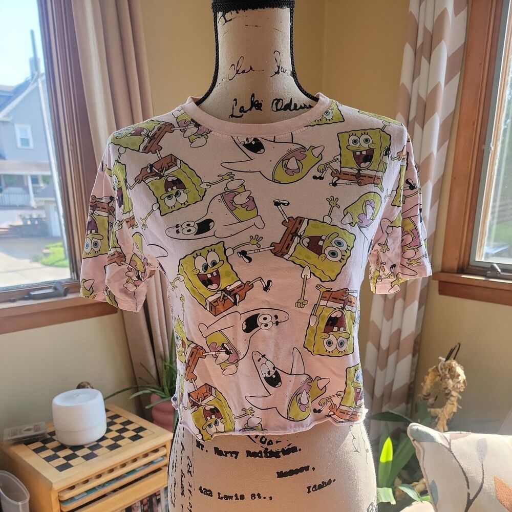 Women's Spongebob Squarepants Crop Top Size S Pink T-Shirt Allover Print Boxy